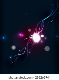 Glowing flowing waves and stars in dark space. Vector illustration. Abstract background