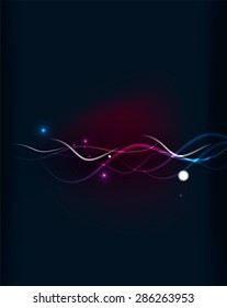 Glowing flowing waves and stars in dark space. Vector illustration. Abstract background