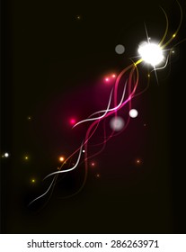 Glowing flowing waves and stars in dark space. Vector illustration. Abstract background