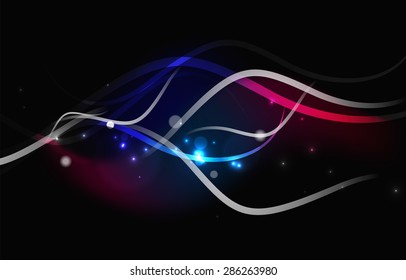 Glowing flowing waves and stars in dark space. Vector illustration. Abstract background