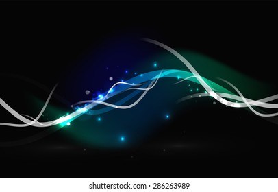 Glowing flowing waves and stars in dark space. Vector illustration. Abstract background