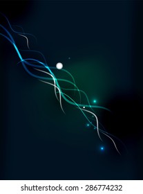 Glowing flowing waves and stars in dark space. Vector illustration. Abstract background
