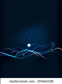 Glowing flowing waves and stars in dark space. Vector illustration. Abstract background