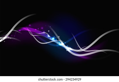 Glowing flowing waves and stars in dark space. Vector illustration. Abstract background