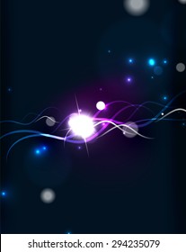 Glowing flowing waves and stars in dark space. Vector illustration. Abstract background
