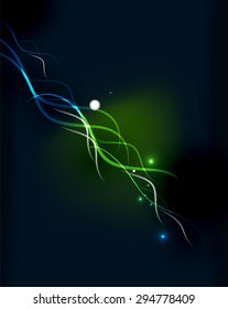 Glowing flowing waves and stars in dark space. Vector illustration. Abstract background