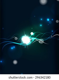 Glowing flowing waves and stars in dark space. Vector illustration. Abstract background