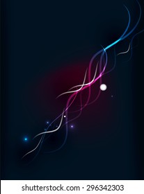 Glowing flowing waves and stars in dark space. Vector illustration. Abstract background