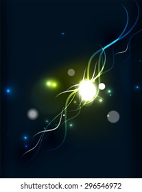 Glowing flowing waves and stars in dark space. Vector illustration. Abstract background