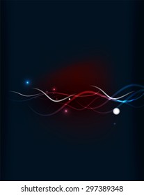 Glowing flowing waves and stars in dark space. Vector illustration. Abstract background