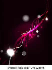 Glowing flowing waves and stars in dark space. Vector illustration. Abstract background