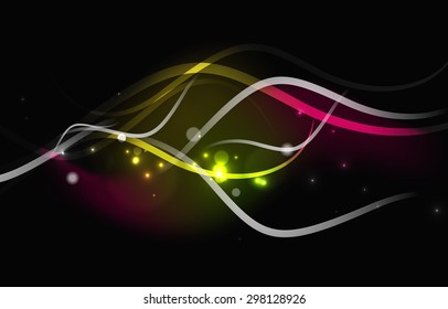 Glowing flowing waves and stars in dark space. Vector illustration. Abstract background