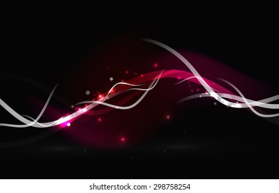 Glowing flowing waves and stars in dark space. Vector illustration. Abstract background