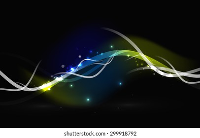 Olas y estrellas brillantes en el espacio oscuro. Ilustración vectorial. Antecedentes abstractos