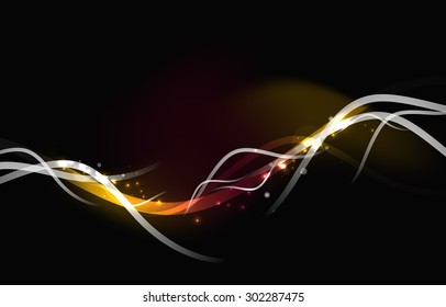 Glowing flowing waves and stars in dark space. Vector illustration. Abstract background