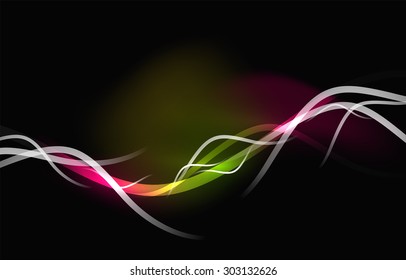 Glowing flowing waves and stars in dark space. Vector illustration. Abstract background