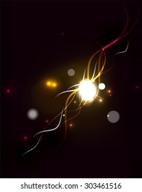 Glowing flowing waves and stars in dark space. Vector illustration. Abstract background