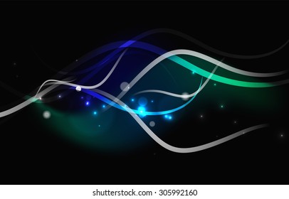 Glowing flowing waves and stars in dark space. Vector illustration. Abstract background
