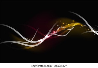 Glowing flowing waves and stars in dark space. Vector illustration. Abstract background