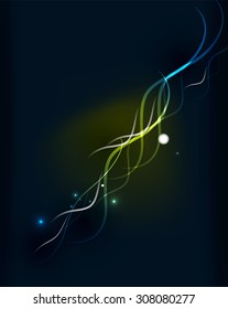 Glowing flowing waves and stars in dark space. Vector illustration. Abstract background