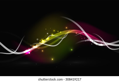 Glowing flowing waves and stars in dark space. Vector illustration. Abstract background