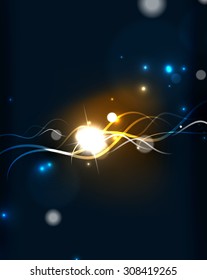 Glowing flowing waves and stars in dark space. Vector illustration. Abstract background