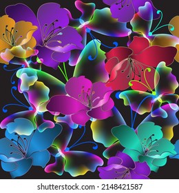 Glowing flying butterflies and flowers seamless pattern. Colorful ornamental glow background. Repeat beautiful vector backdrop. Bright illuminated floral ornament with shiny neon butterflies, flowers.