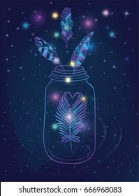 Glowing flying feathers inside jar light. Sweet inspirational poster. Shiny galactic space, glowing star lights on mystical night sky background. Great for posters, t shirt, textile, pillows print.