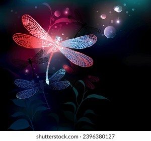 Glowing, flying, red dragonfly, with transparent, detailed wings on dark, nocturnal, luminous background with tropical plants and fireflies. Red dragonfly. Hand drawn vector art.