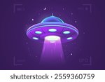 Glowing flying saucer against the background of the starry sky. UFO in the camera viewfinder. Alien abduction. Alien spaceship vector illustration.