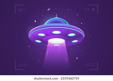 Glowing flying saucer against the background of the starry sky. UFO in the camera viewfinder. Alien abduction. Alien spaceship vector illustration.