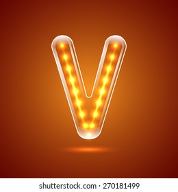 Glowing font.illuminated letters.Capital letter V.Vector illustration