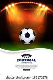 Glowing football background with spotlights, soccer ball and place for text.