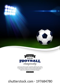 Glowing football background with spotlights, soccer ball and place for text. 