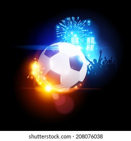 Glowing Football with stadium lights and a crowd of people in the background.. Vector illustration.