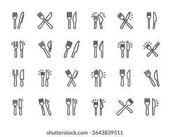 Glowing Fork and Knife Icon Set – Minimalist Outline Vector Collection of Cutlery Illustrations with Spark Effects for Restaurant, Menu, and Food Service UI Design