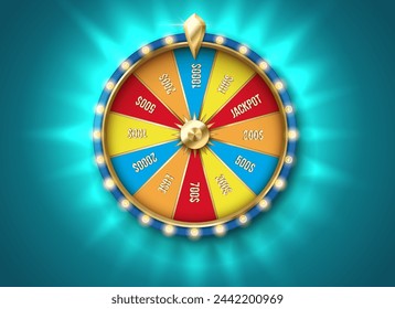 Glowing fortune wheel color realistic vector illustration. Spin gambling game with prizes. Casino roulette 3d object on turquoise background