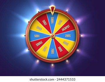 Glowing fortune wheel color realistic vector illustration. Spin gambling game with prizes. Casino roulette 3d object on blue background