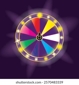 Glowing fortune wheel vector illustration. Spin gambling game with prizes. Casino roulette 3d object on blue backgroundGlowing fortune wheel vector illustration. Spin gambling game with prizes. Casino