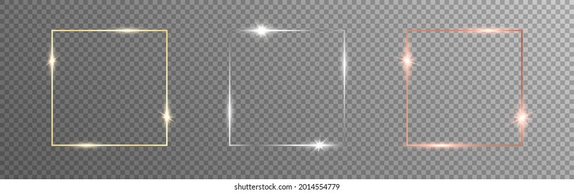 Glowing frames. Gold, silver and bronze squares on transparent backdrop. Luxury elements for greeting card or poster. Golden shining borders. Vector illustration.