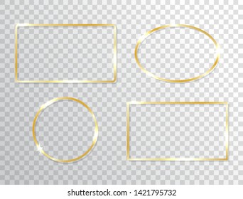 Glowing frames set isolated on transparent background. Golden banner with lights effects. Luxury rectangle border. Vector illustration.