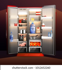 Glowing Fridge Organization With Food Products In Packaging, Cooked Meal In Pans, Fruits, Water 3d Vector Illustration