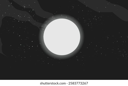 Glowing full moon against a deep black starry sky, with dark cloud-like cuts creating a mysterious and eerie atmosphere. Perfect for spooky themes, fantasy designs, or celestial visuals