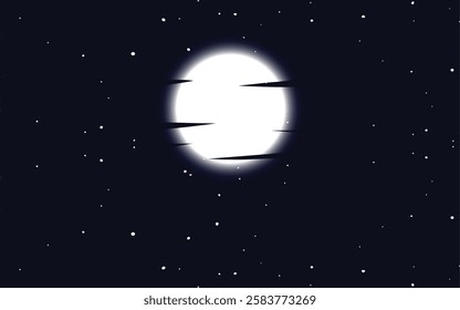 Glowing full moon against a deep black starry sky, with dark cloud-like cuts creating a mysterious and eerie atmosphere. Perfect for spooky themes, fantasy designs, or celestial visuals