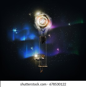 Glowing Futuristic abstract light bulb is among a lot of stars on aurora blue sky, businessman on rope swing reach star, Representation of creative business idea concept, Vector