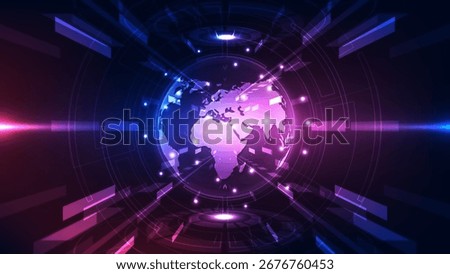 A glowing futuristic digital world globe surrounded by neon lights and abstract technology elements in purple and blue tones. Perfect for themes of global communication, innovation, data flow.