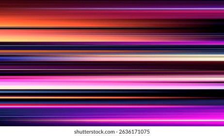 Glowing futuristic neon lights in high speed streaks and contrast horizontal lines. Light trails of high-tech universe shine in neon color with speed and energy through cyberspace into future. Vector