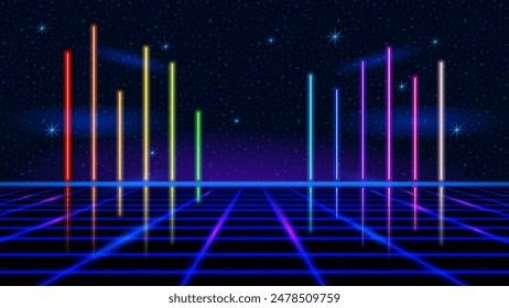 Glowing Futuristic Neon Wireframe Landscape with Vibrant Neon Lights Background. Cyber Grid with Glowing Perpendicular Lines in Perspective View. Vector backdrop