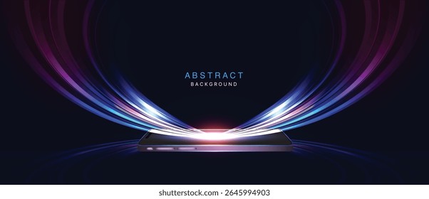Glowing Futuristic Technology Smartphone Background – Abstract Neon Curved Rays Emanating from Mobile Device, Light Burst Glow Vector Illustration