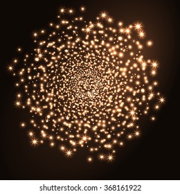 Glowing galaxy on black background. Golden stars. Starry background. Vector illustration